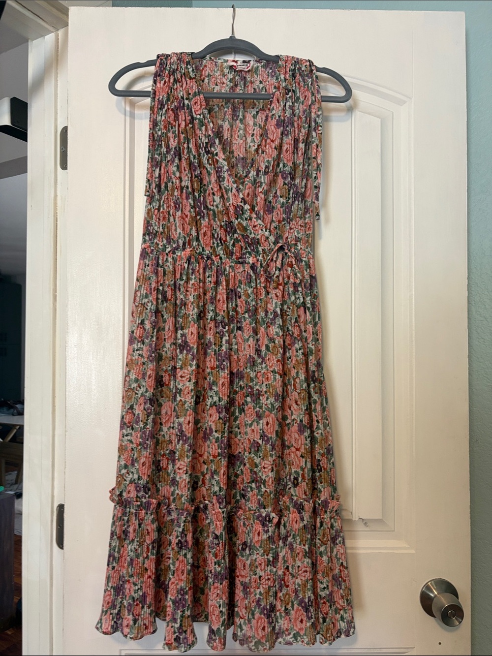 70s Floral Pleated Wrap Midi Dress in Rose Pink